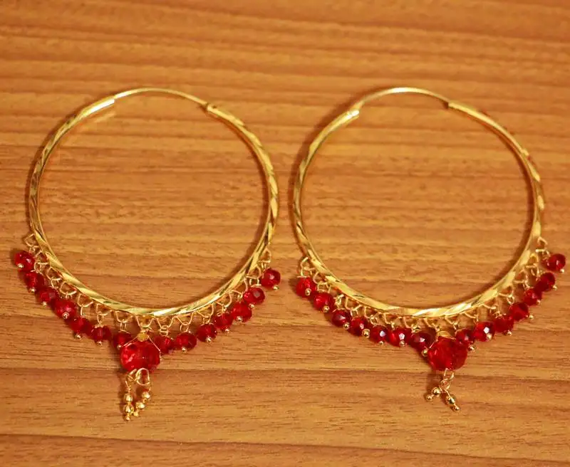 Red crystal drop gold look hoops