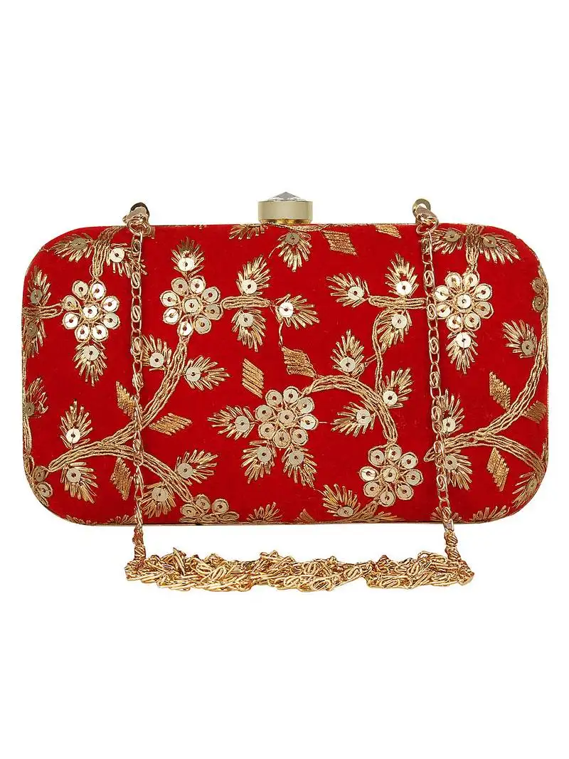 Tulle embroidered velvet clutch red & gold