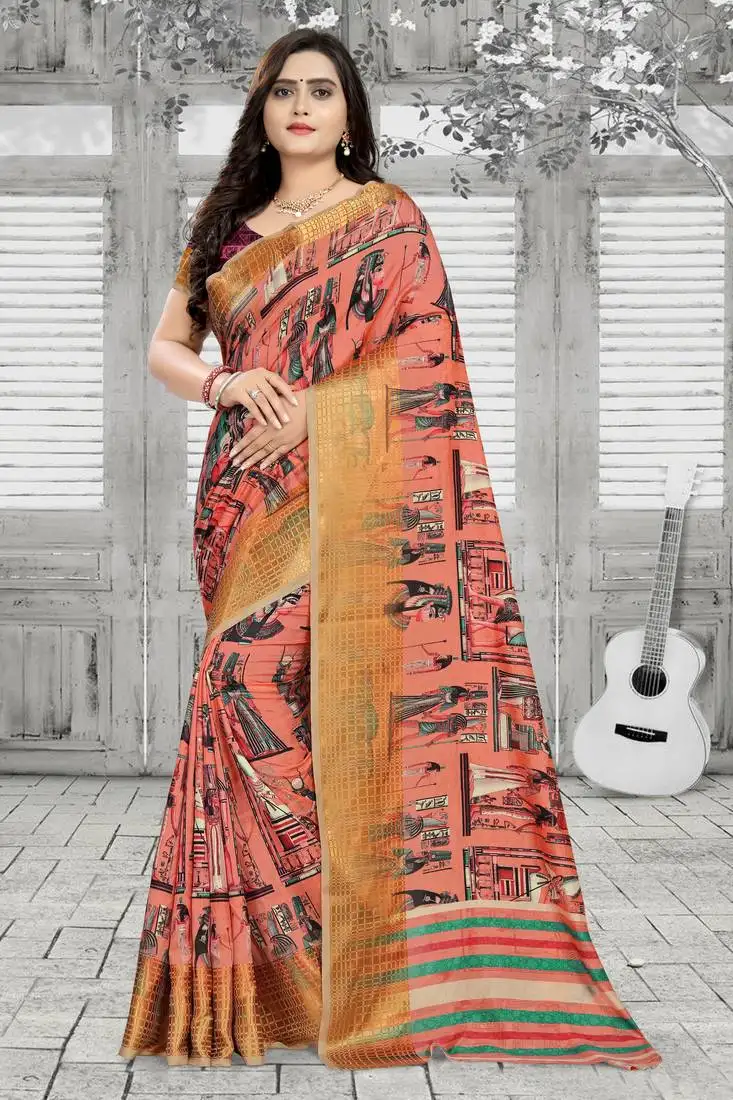 Peach printed silk saree with blouse