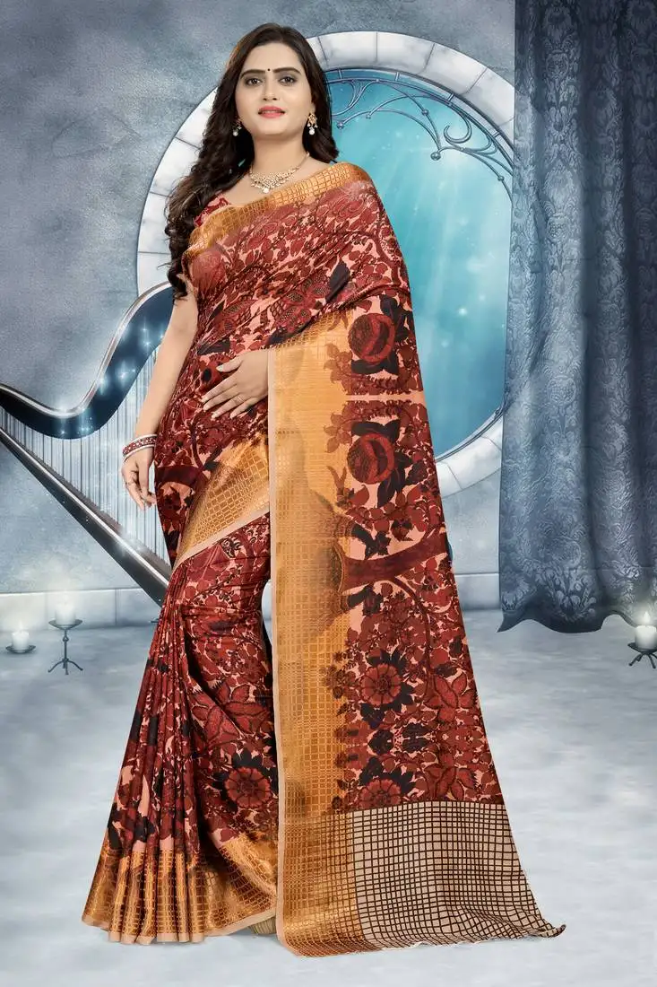 Brown printed silk saree with blouse