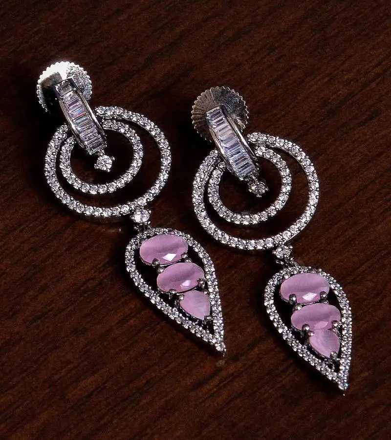 Black gold plated pink stone embellished american diamond danglers 216ed278