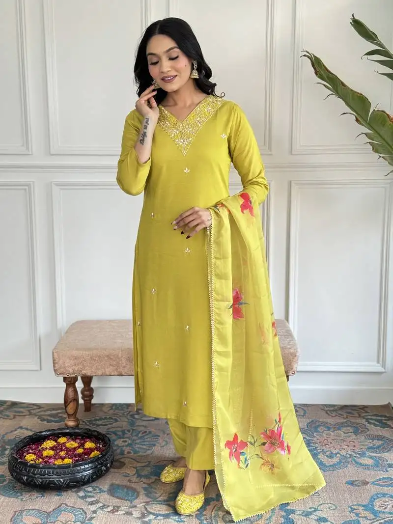 Elegant yellow colored party wear embroidered stitched rayon pant style kurti suit with duppatta