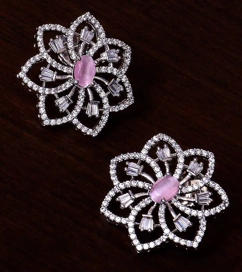 Pink stone embellished rhodium plated american diamond earrings 216ed299