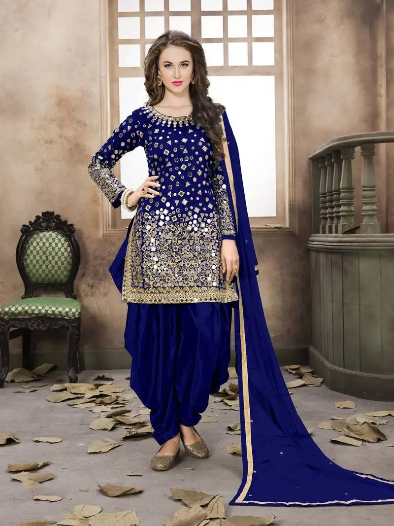 Blue embroidered taffeta salwar semi stitched