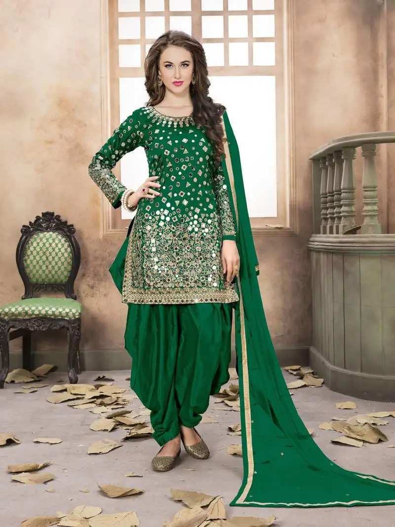 Green embroidered taffeta salwar semi stitched