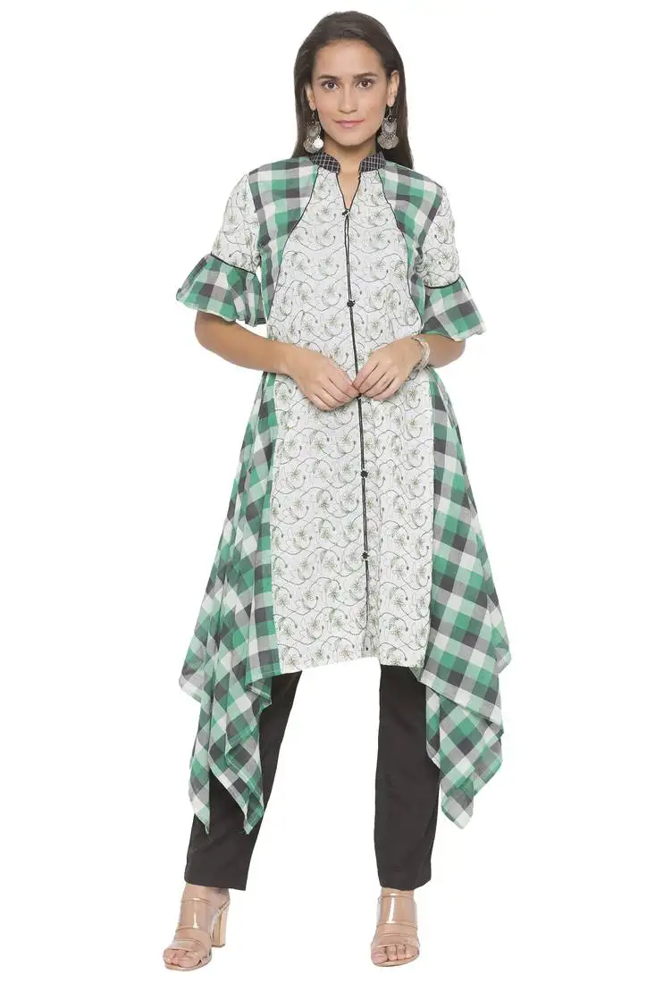 Off white embroidered cotton party wear kurti