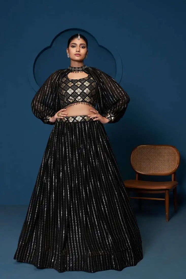 Black thread sequin embroidered georgette indian designer lehenga choli dress