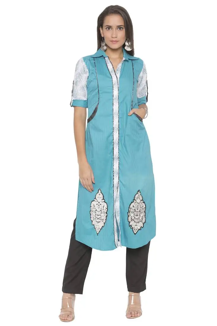 Blue embroidered cotton party wear kurti