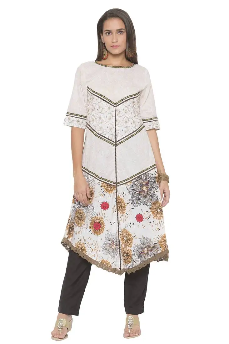 Off white printed cotton party wear kurti