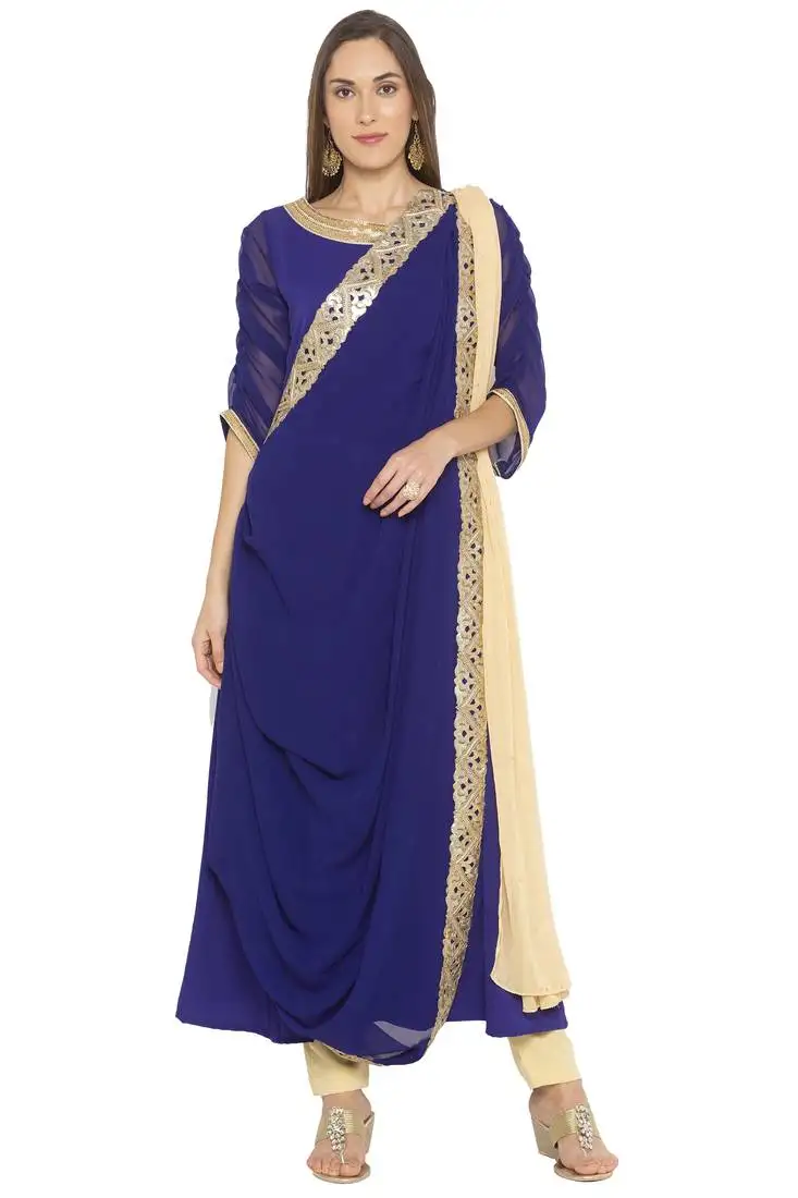 Dark blue multi cutwork borders georgette salwar stitched