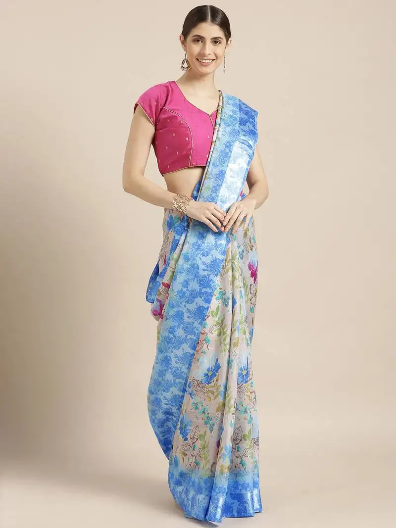 Women's blue silk blend floral digital printed saree