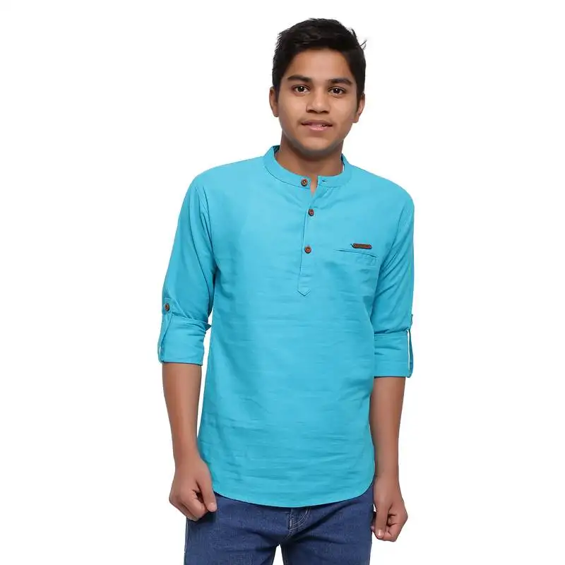 Turquoise plain cotton kids-tops