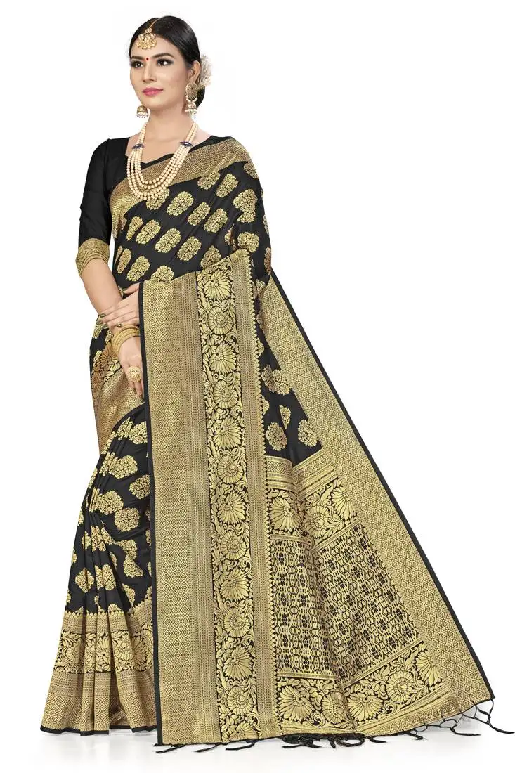 Black woven art silk saree with blouse