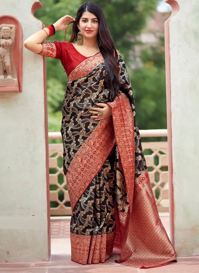 Black woven banarasi silk saree with blouse