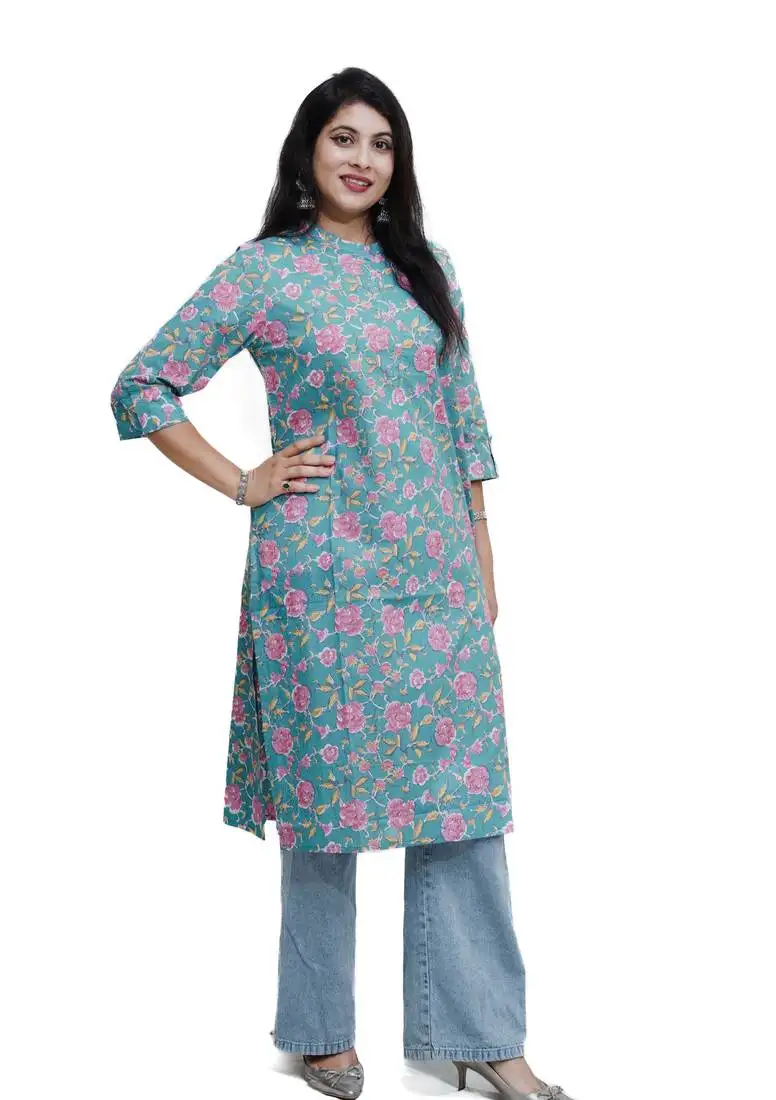 Women's pure cotton straight turq::Pink with multi color embellished kurta
