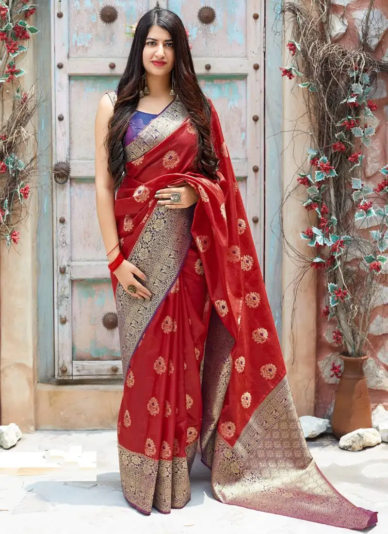 Red woven banarasi silk blend saree with blouse