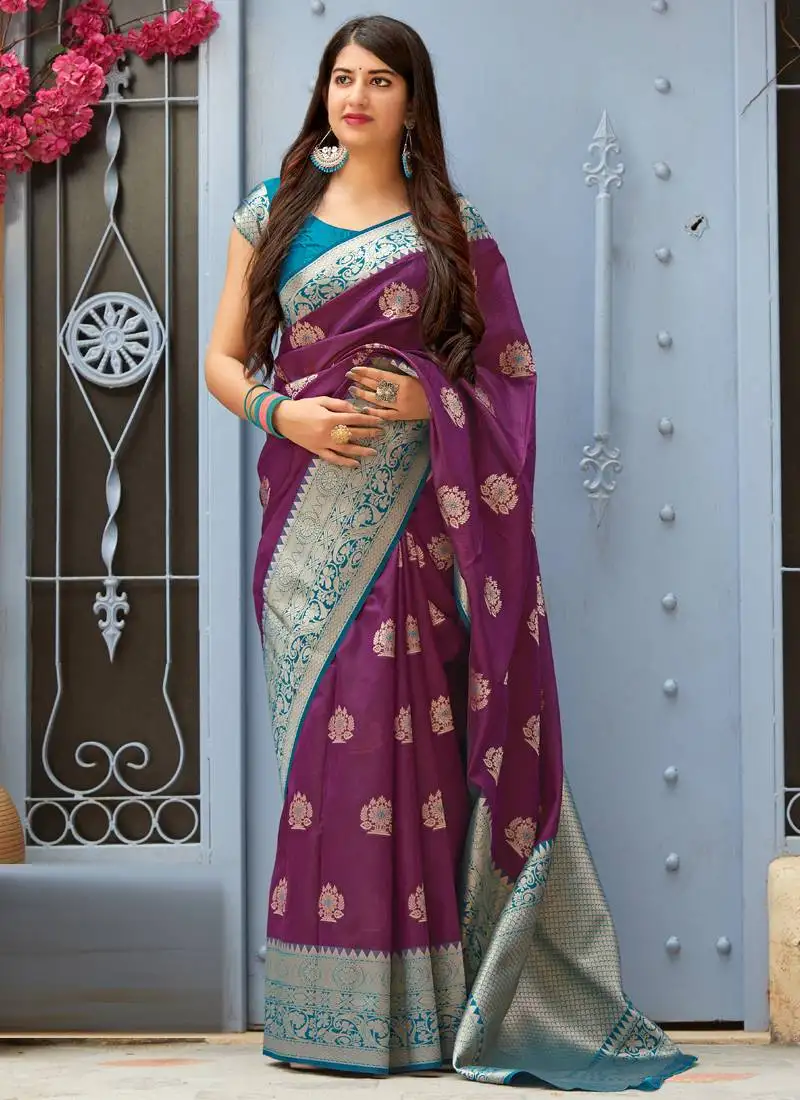 Purple woven banarasi silk saree with blouse