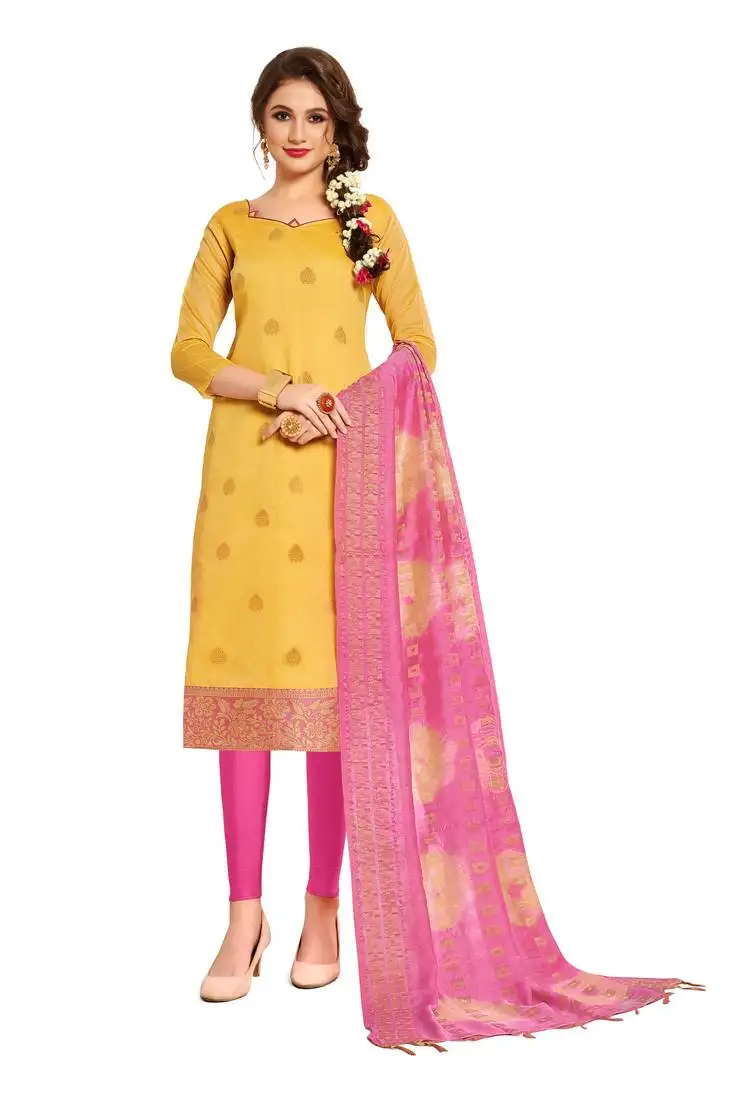 Yellow woven art silk salwar semi stitched