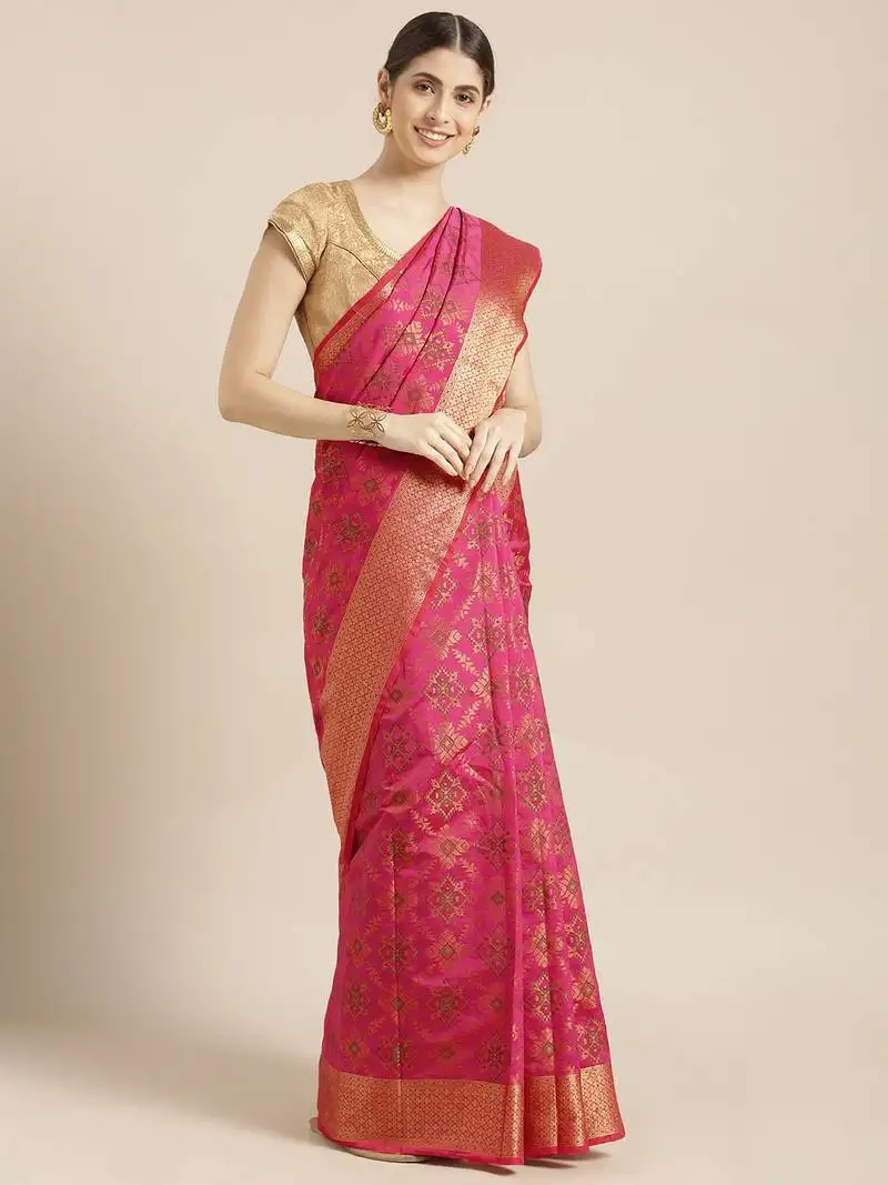 Kimisha women's pink silk blend zari work kanjivaram saree with zari border