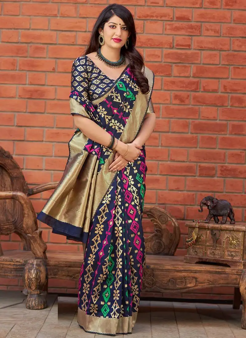 Navy blue woven banarasi silk saree with blouse