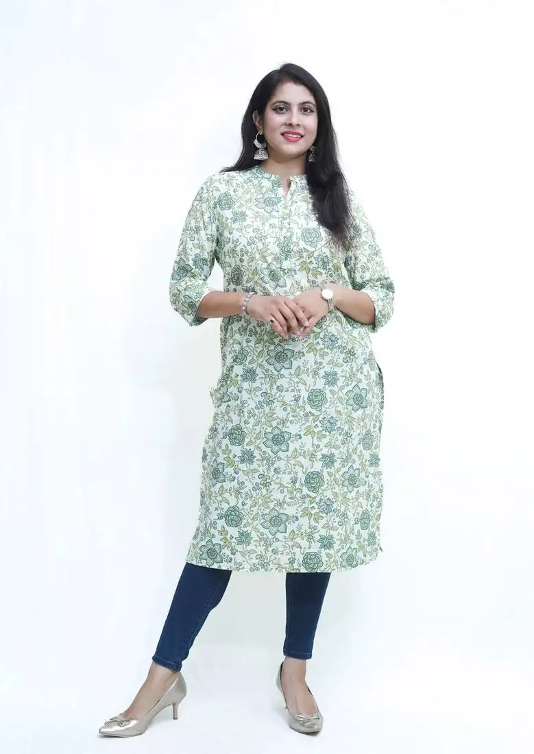 Women's pure cotton straight olive green embellished kurta