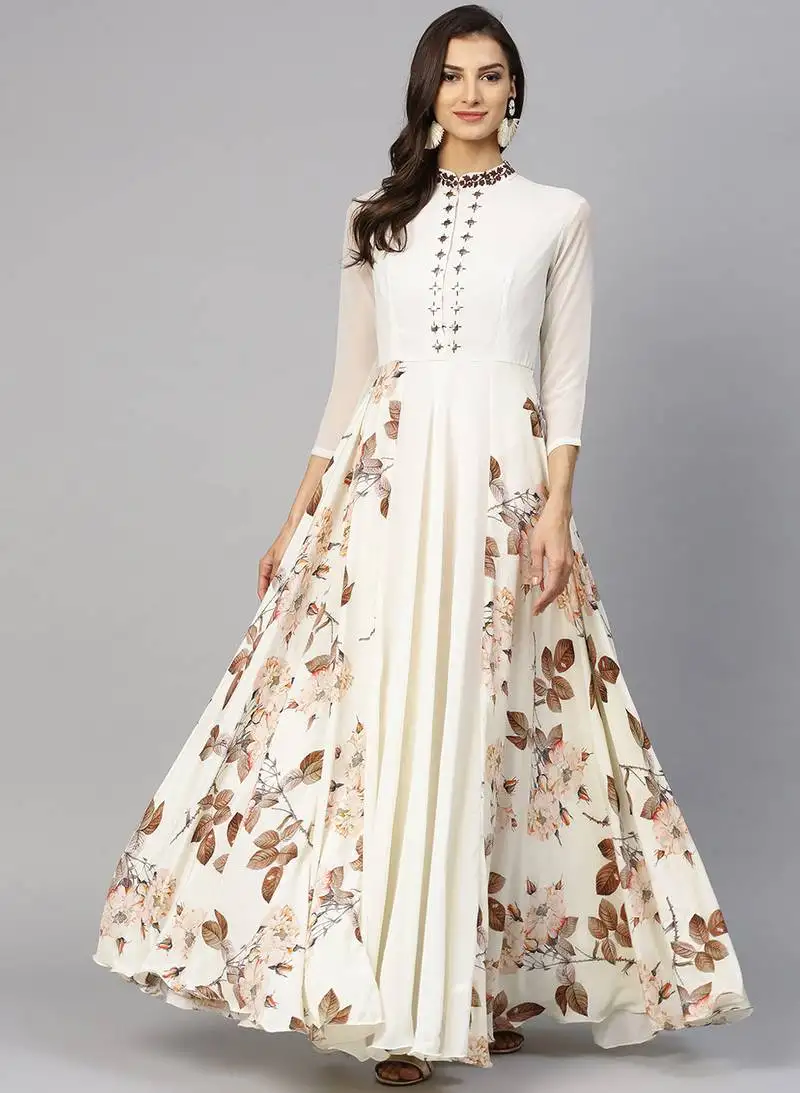 Off white georgette floral printed islamic dress
