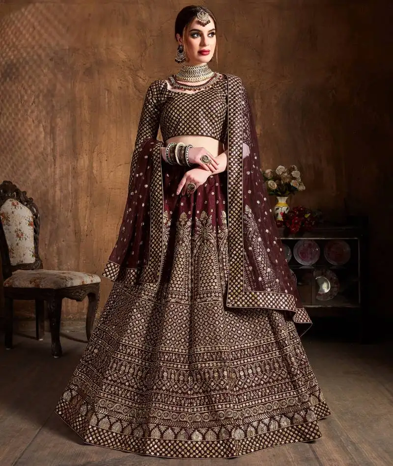 Mesmerizing maroon zari & glitter sequins embroidered art silk wedding lehenga