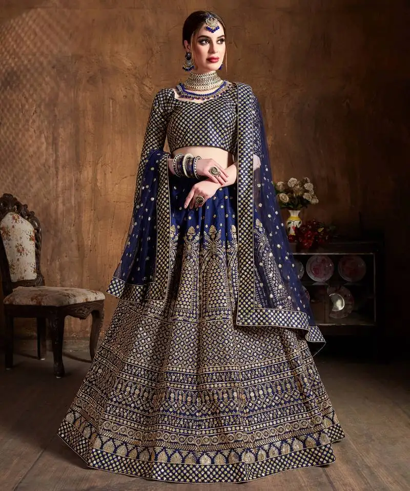 Navy blue zari &glitter sequins embroidered art silk party wear lehenga