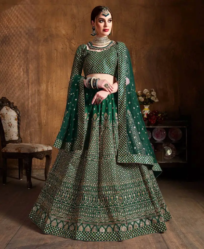 Marvelous green zari & glitter sequins embroidered art silk bridal lehenga choli