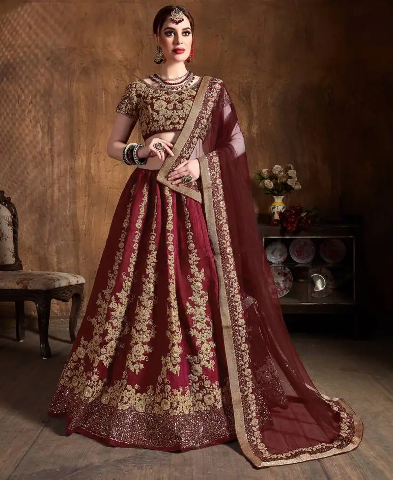 Maroon dori and sequins embroidered art silk semi stitched lehenga choli with dupatta