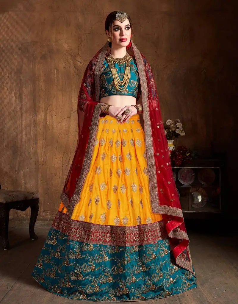 Yellow zari dori and sequins embroidered art silk semi stitched bridal lehenga