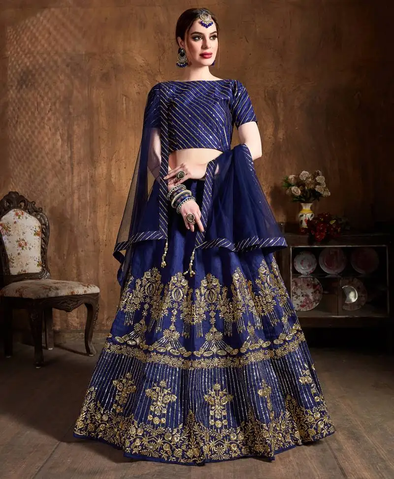 Navy blue zari diamond and sequins embroidered art silk semi stitched lehenga choli with dupatta