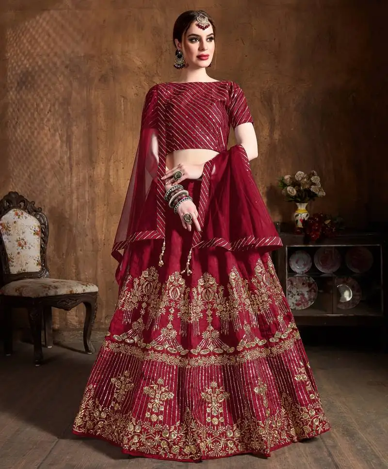Glamorous red zari, diamond and sequins embroidered art silk semi stitched bridal lehenga