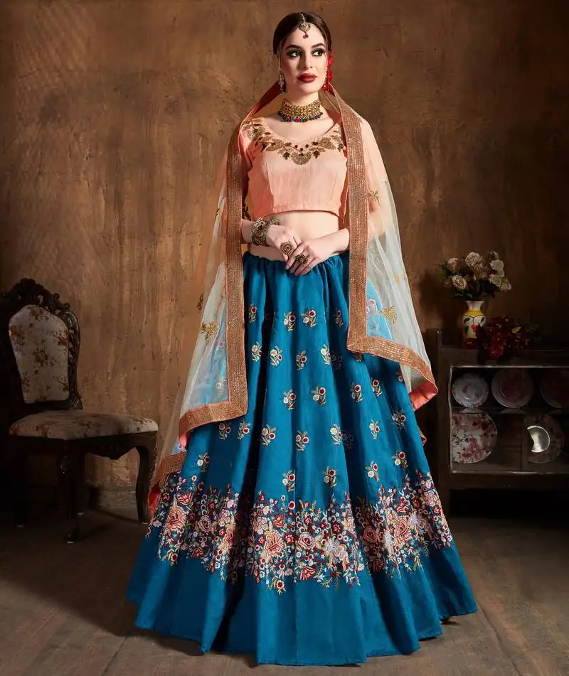 Teal blue sequins, resham, thread and dori embroidered art silk lehenga choli for wedding