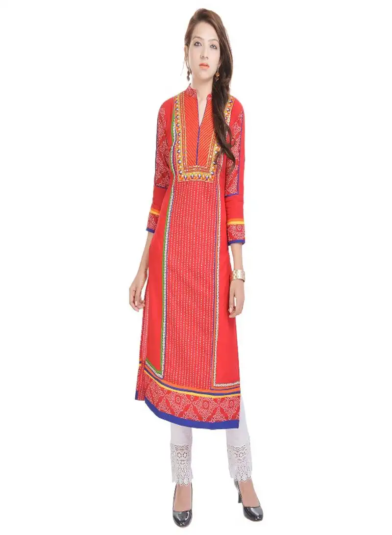 Geroo jaipur red embroidered cotton ethnic-kurtis