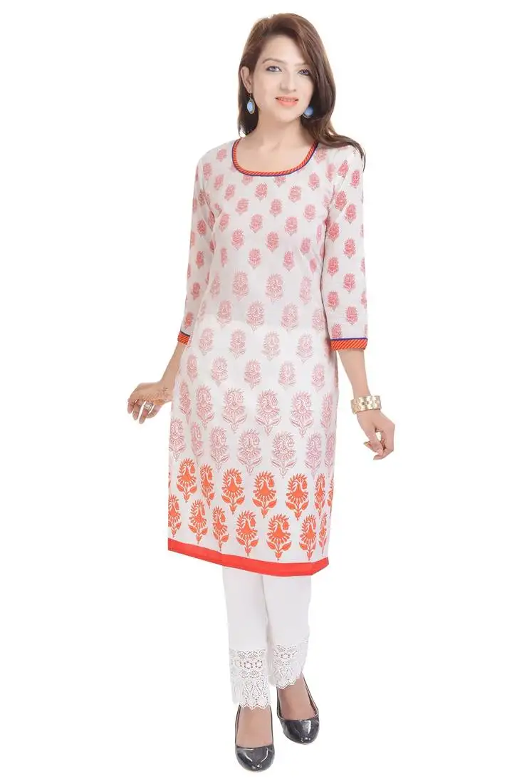 Geroo jaipur white printed cotton ethnic-kurtis