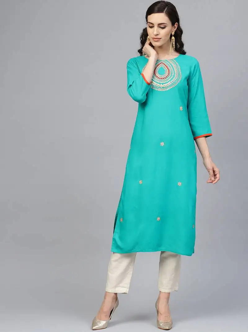 Green hand embroidered straight rayon kurta