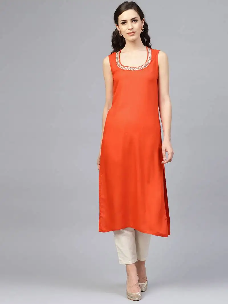 Geroo jaipur solid orange sleeveless straight rayon kurta
