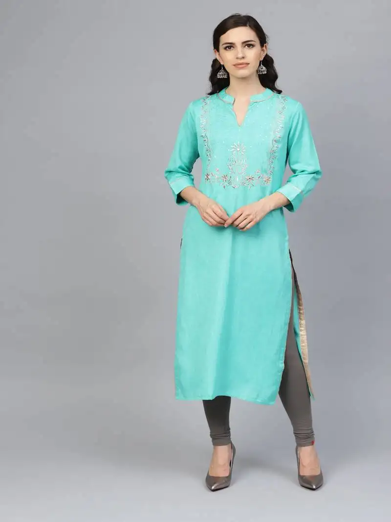 Geroo jaipur sea green hand embroidered straight rayon kurta