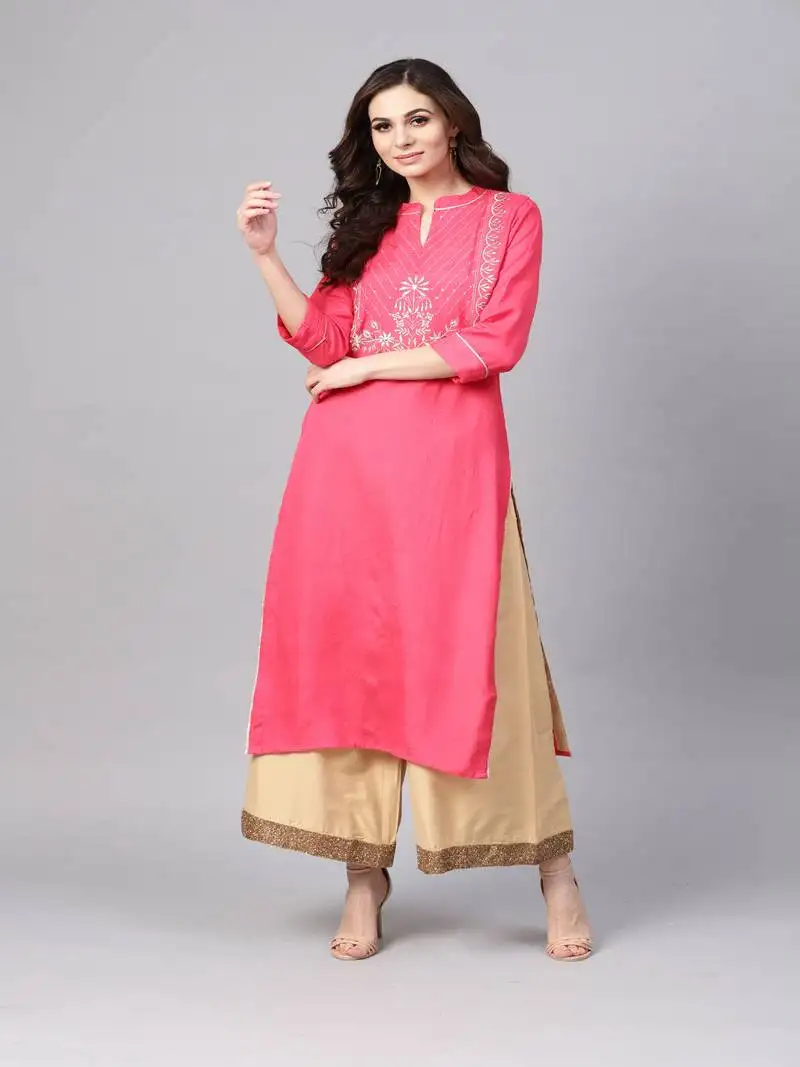 Geroo jaipur pink hand embroidered straight rayon kurta