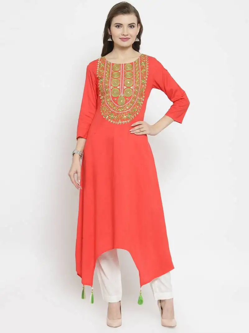 Geroo jaipur orange embroidered rayon ethnic-kurtis