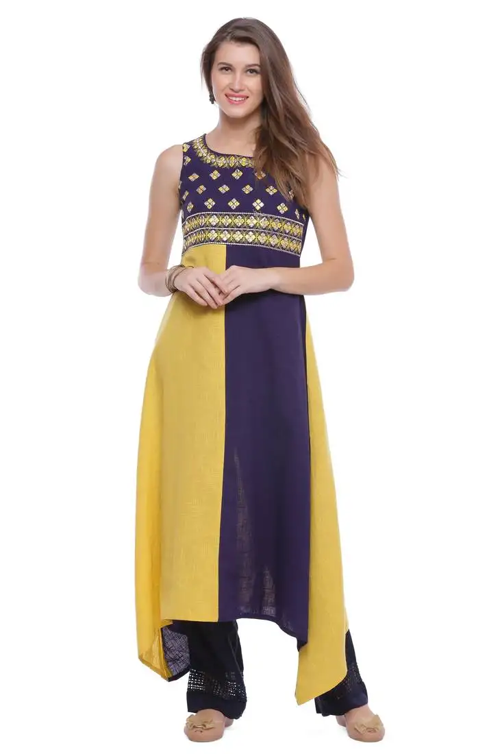 Geroo jaipur yellow embroidered cotton ethnic-kurtis