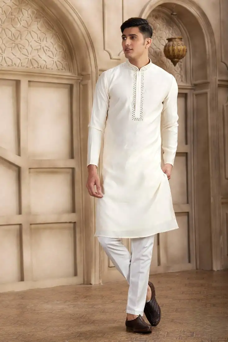 Men's cream straight kurta with plain banarasi art silk and with lining
