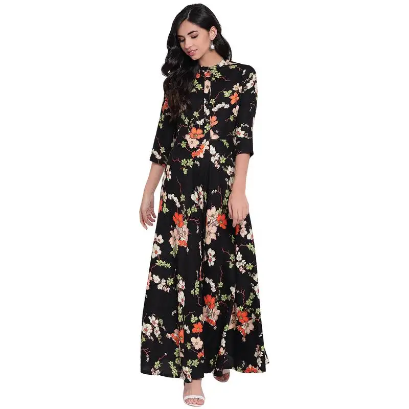 Black printed viscose rayon long-kurtis