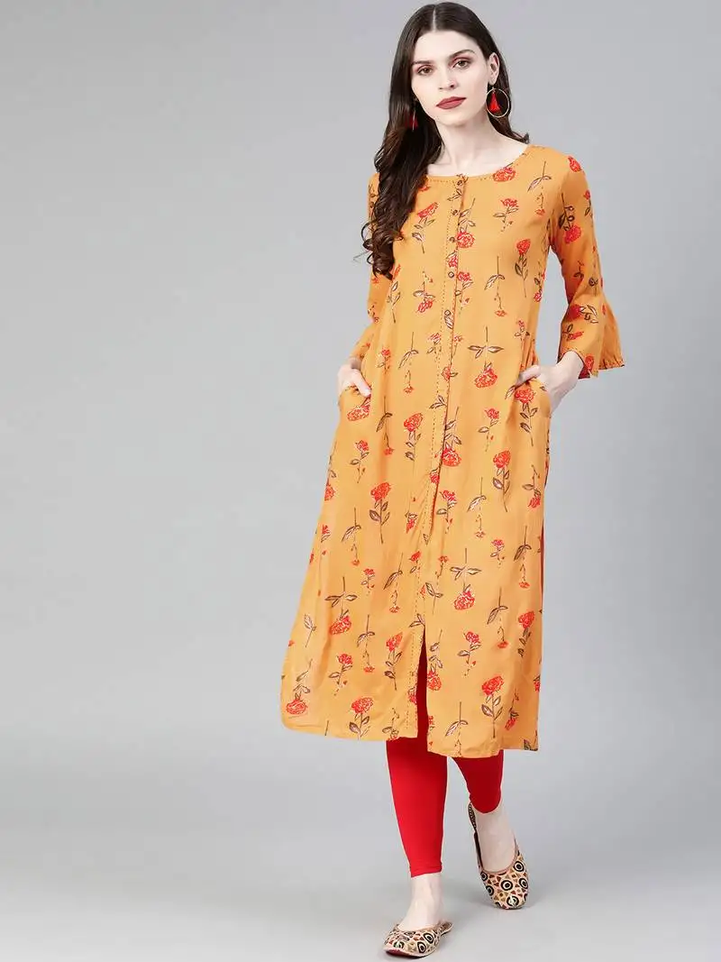 Straight mustard foil printed rayon cotton kurta for girls's and