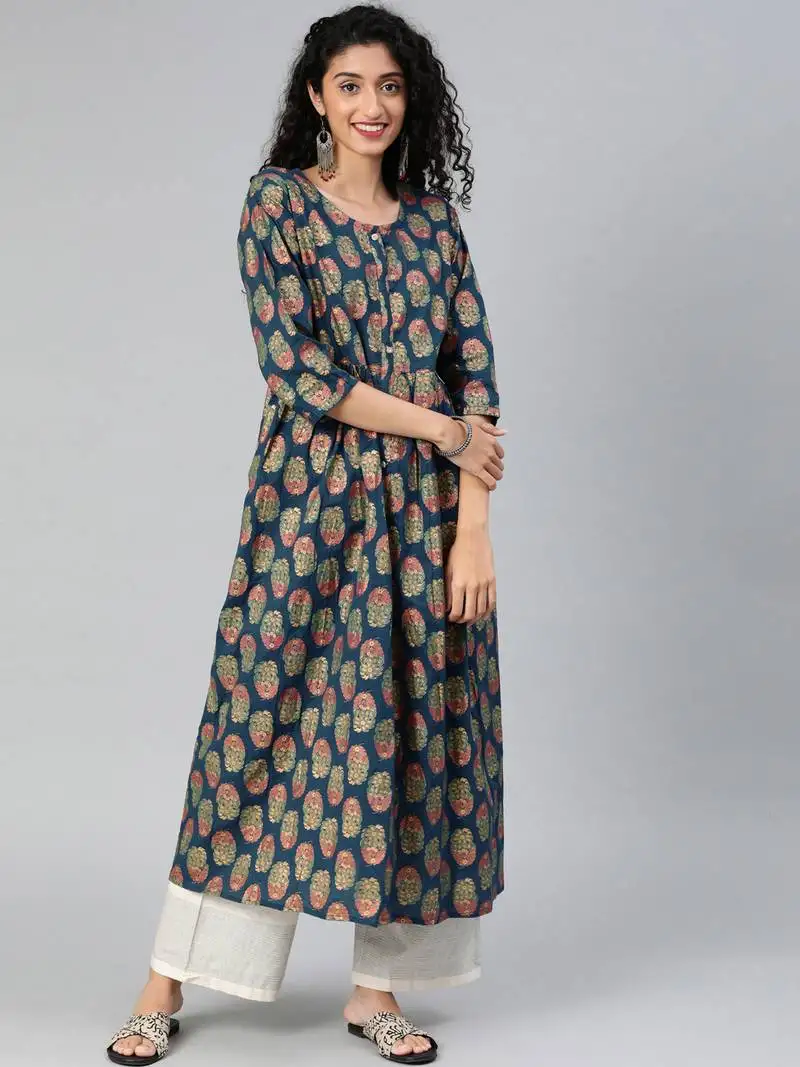 Cotton foil print anarkali kurti(navy-blue)