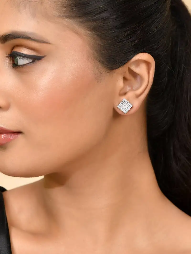 Silver-plated stud earrings for women with american diamond