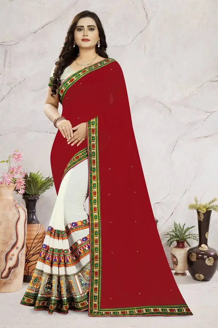 White embroidered georgette saree with blouse