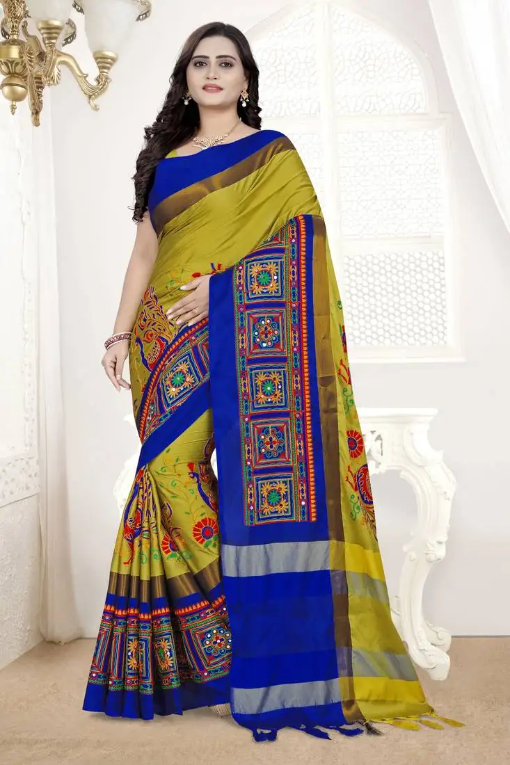Yellow embroidered cotton silk saree with blouse