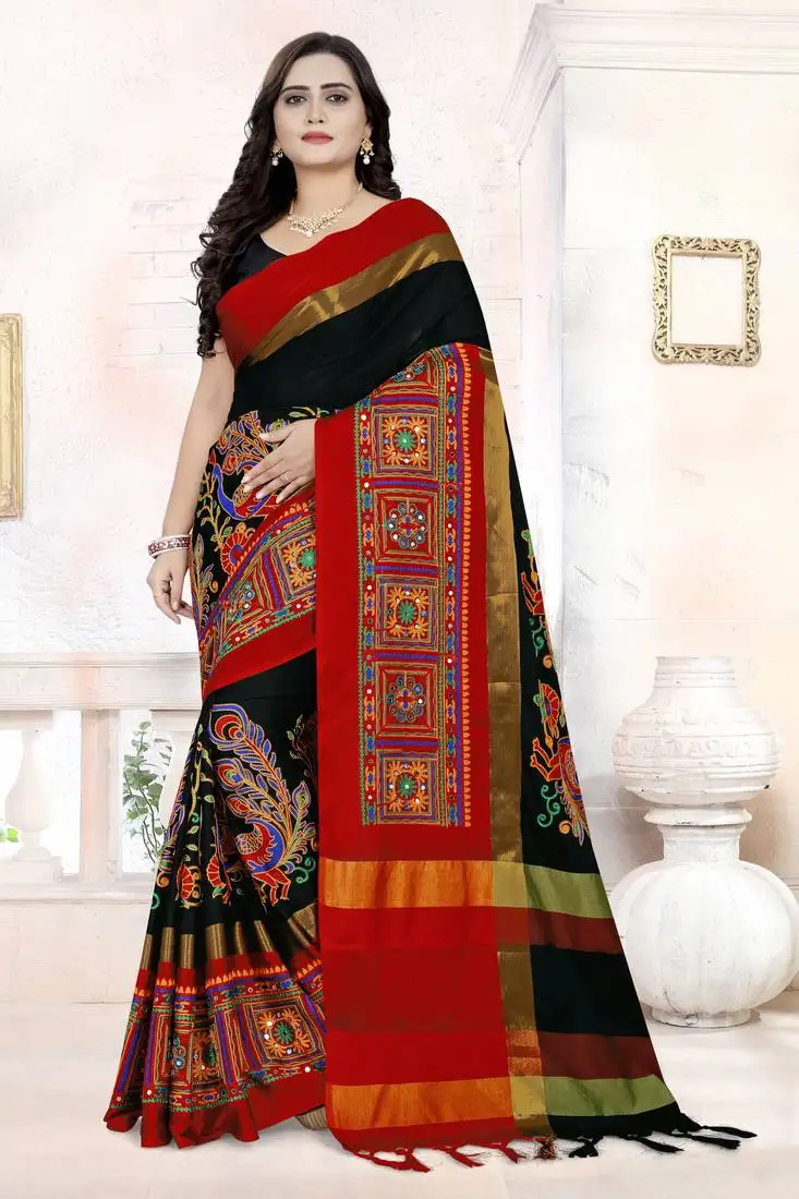 Black embroidered cotton silk saree with blouse